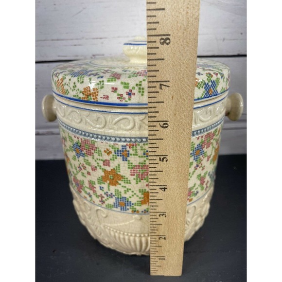 Vintage Ceramic Biscuit Cookie Cracker Jar Barre Cross Stich Pattern No Handle - Picture 10 of 12